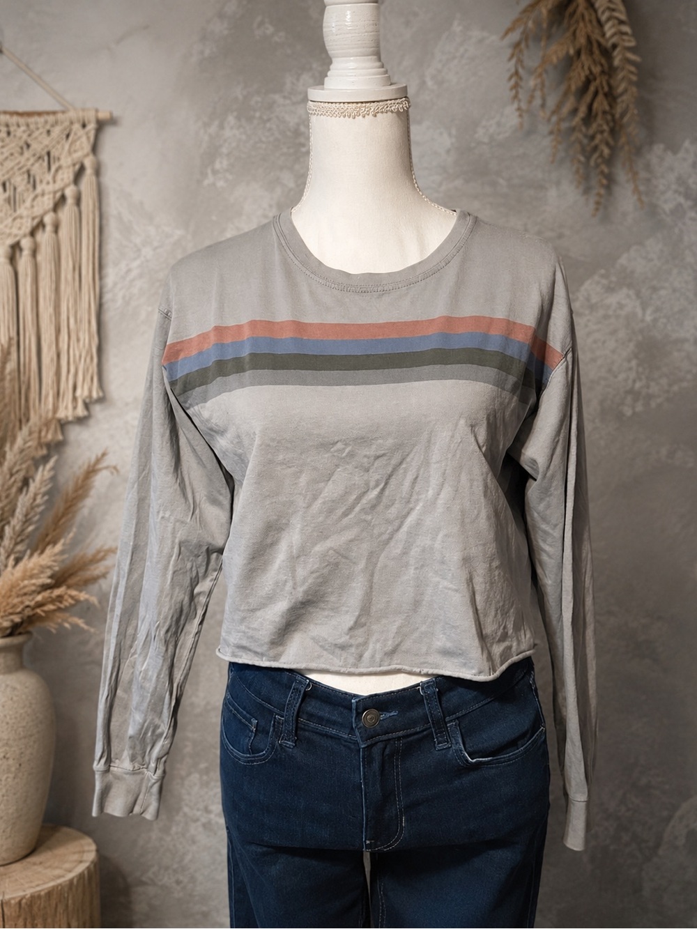 Stylish Gray Striped Long Sleeve Top